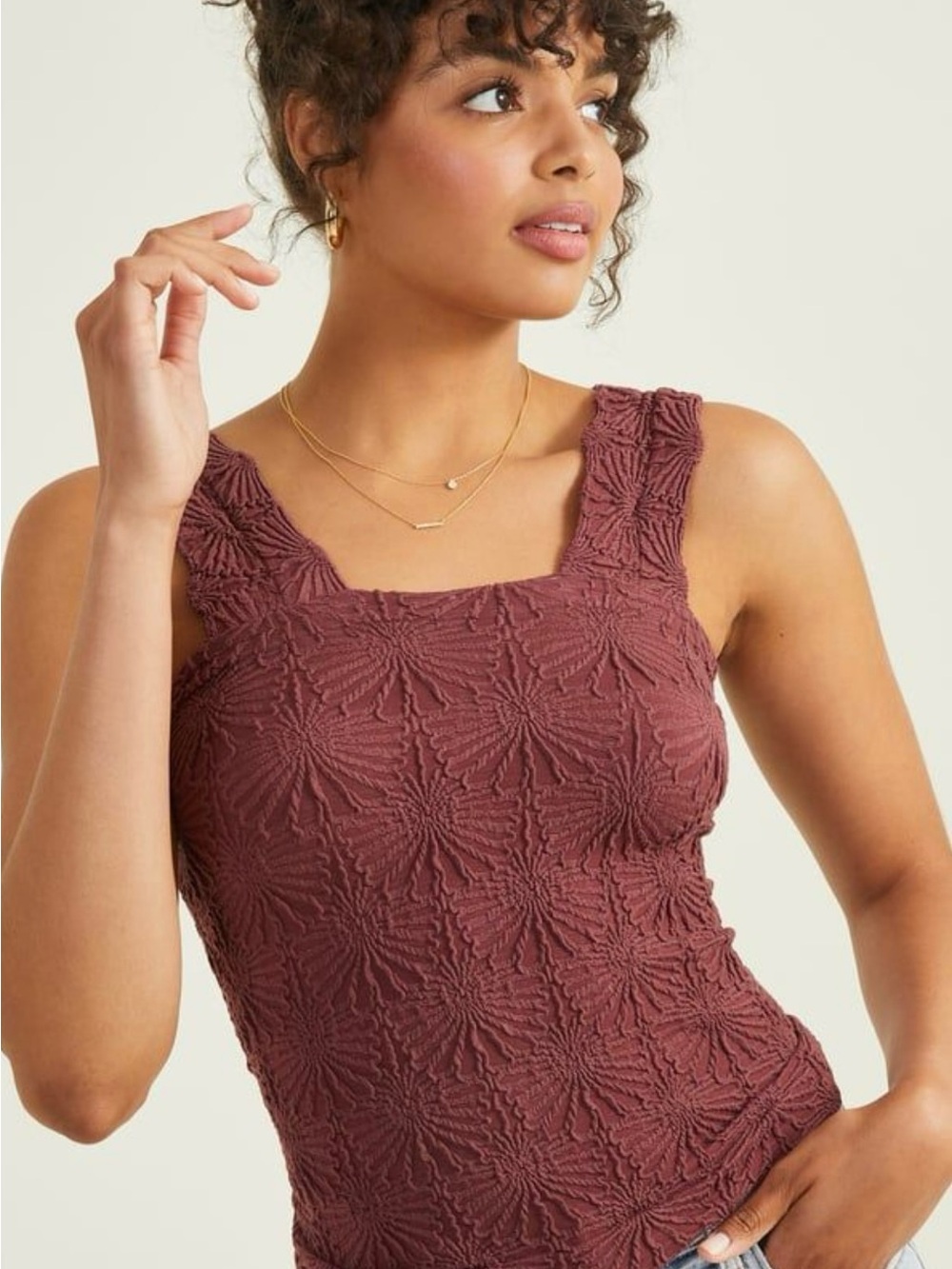 Altar'd State Blair Seamless Floral Cami Textured Square-Neck Tank Top - Mauve